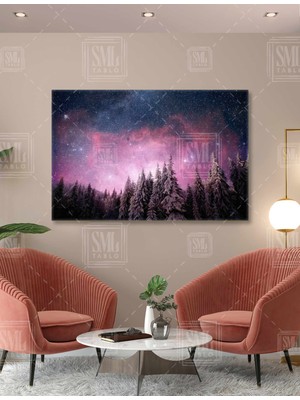 SML Tablo Yıldızlı Gece Mor Gökyüzü Çam Ağaçları Uzay Gece Orman Yatay Kanvas Tablo