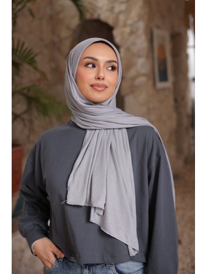 İmaj Butik Gri Helen Önü Süngerli Pratik Penye Şal
