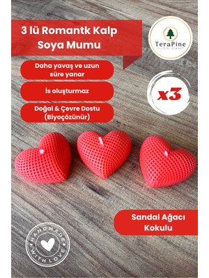 PremiumPort 3'lü Romantik Kalp Mum Seti, Soya Mumu, Temiz Içerik, Sandal Ağacı Kokusu