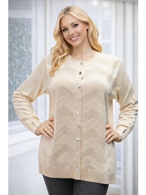 Kadın Zarif Şık Model Zigzag Desenli Düğmeli Standart Merserize Genç Anne Hırka