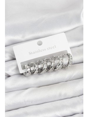 Inure Jewelry 316L Çelik Gümüş Renk Su Yolu Halka Küpe Seti