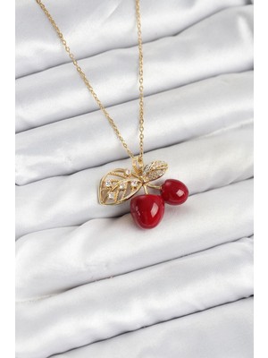 Inure Jewelry 316L Çelik Zincir Yapraklı Kiraz Model Gold Renk Kadın Kolye