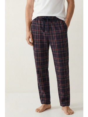 Elemge %100 Pamuk Kareli Erkek Pijama Altı Süprem Kumaş Rahat Kalıp Cepli Ipli Koyu Lacivert Kırmızı Ekoseli Relax Fit