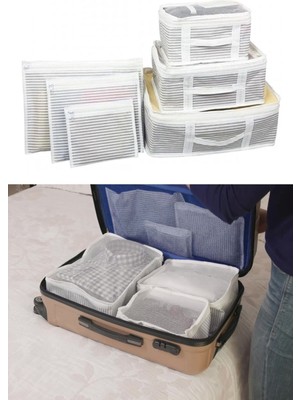 Helen's Home 6'lı Seyahat Seti Gri Çizgili Bavul Organizer Valiz Düzenleyici Kullanım Kolaylığı Sağlar