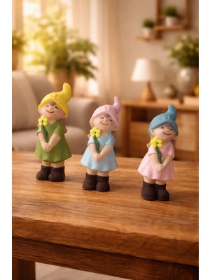 Yedi Cüceler El Sanatları El Yapımı Kız Cüce Figür Biblo Seti - El Boyaması 3'lü (9-7-5 Cm)