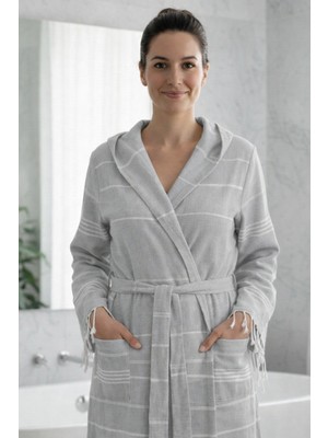 Luna %100 Pamuk Peştemal Bornoz Kapüşonlu Unisex- Açık Gri
