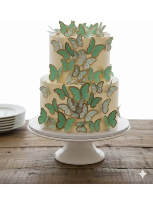 Deniz Party Store Gold Varaklı Yeşil 3 D 21 Li Kelebek Sticker Balon Pasta Süsü