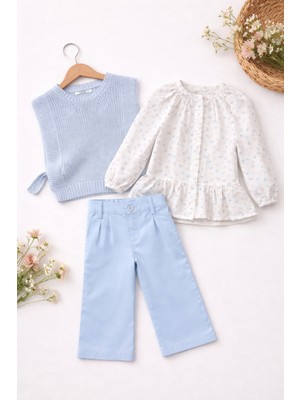 Bambino Gömlekli Bağcık Detaylı Triko Yelekli ve Pantolon 3’lü Takım