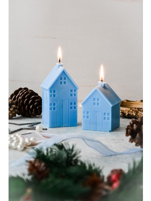 PremiumPort Mavi Renkli Vegan Soya Wax Dekoratif Ikili Ev Mumları
