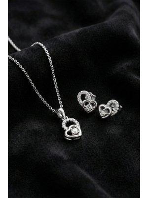 Roza Silver 925 Ayar Gümüş Rodyum Kaplama Zirkon Taşlı Minimal Tektaş Kalp Kolye-Küpe 2'li Set