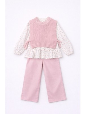 Bambino Gömlekli Bağcık Detaylı Triko Yelekli ve Pantolon 3’lü Takım