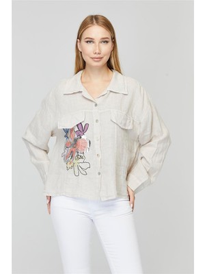 Home Store Keten Yaldız Çiçekli Gömlek
