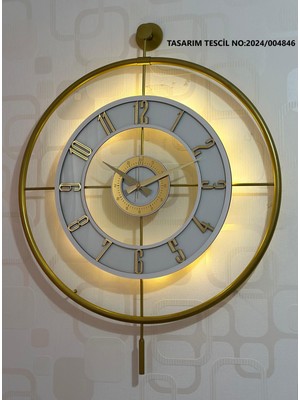 PremiumPort Büyük Metal Camlı Duvar Saati 60X80 cm Işıklı, Şeffaf, Beyaz ve Gold Detaylar