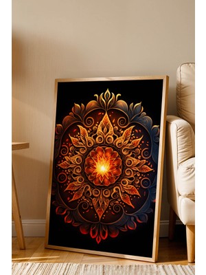 E2 Nova Alev Işığı Barok Mandala Çerçeveli Tablo - Lüks Modern Bakır Kehribar Duvar Dekoru Siyah Sanat