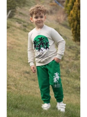 Buufuu Tropical  Baskılı Uzun Kollu Lastikli Bel Cepli  Unisex Çocuk Alt Üst Takım