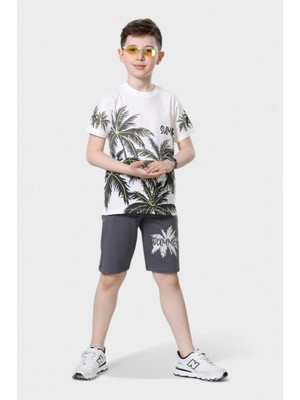 Buufuu Yazlık Çocuk Sümmer&tropical Baskılı Kısa Kollu Bisiklet Yaka T-Shirt Şort Alt Üst Takım