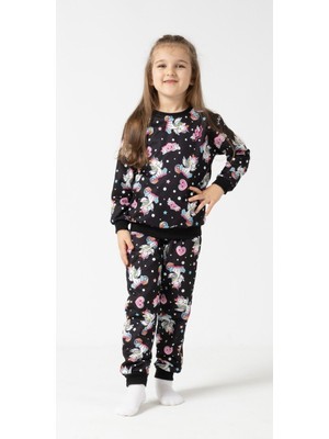Buufuu Kız Çocuk Siyah Baskılı Uzun Kollu Alt-Üst Takımı