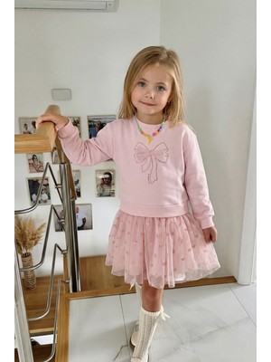 Magu Kız Çocuk Pamuklu Pudra Fiyonklu Sweatshirt Elbise – Tül Etek Detaylı