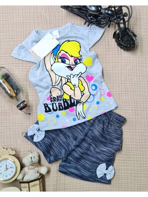 Buufuu Kısa Kollu Crazy Duck Baskılı Fiyonklu Şortlu Kız Çocuk Takım