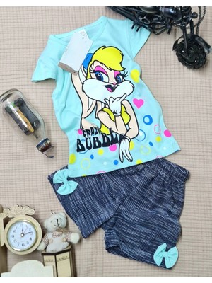 Buufuu Kısa Kollu Crazy Duck Baskılı Fiyonklu Şortlu Kız Çocuk Takım