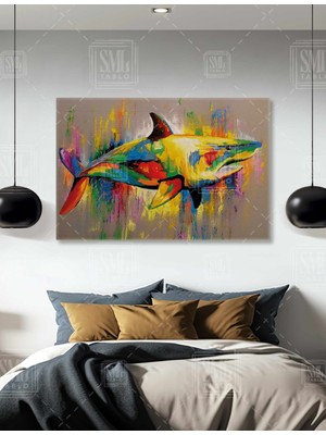 SML Tablo Renkli Köpek Balığı Banksy Balık Colorful Shark Köpekbalığı Yatay Kanvas Tablo