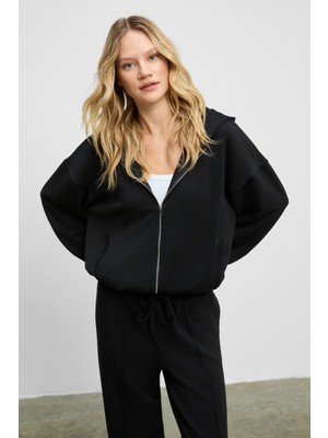 Grimelange Amoura Kadın Yumuşak ve Esnek Kumaşlı Kapüşonlu Fermuarlı Uzun Kollu Siyah Sweatshirt