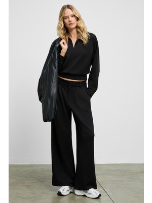 Grimelange Regno Kadın Gömlek Yaka Kol ve Etek Ucu Manşetli Uzun Kollu Oversize Siyah Sweatshirt