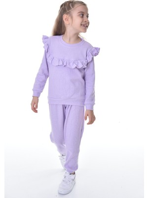 Buufuu Önü ve Kol Fırfır Detaylı Pamuk Uzun Kol Kız Çocuk Alt Üst Takım