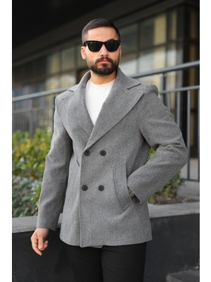 Baselco Premium Kruvaze Orta Boy Kaban Koyu Gri Pamuklu Uzun Kollu Erkek Astarlı Model