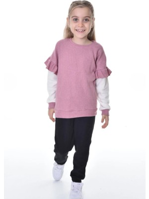 Buufuu Kol Fırfır Detaylı %100 Pamuk Uzun Kol Kız Çocuk Alt Üst Takım