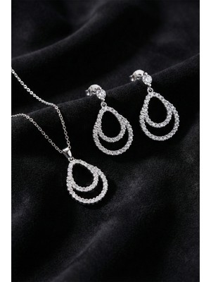 Roza Silver 925 Ayar Gümüş Rodyum Kaplama Zirkon Taşlı Çift Katmanlı Damla Kolye-Küpe 2'li Set