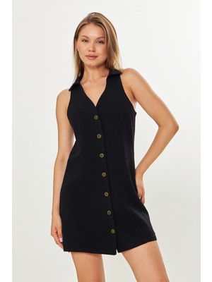 Camenta Gömlek Yakalı Siyah Keten Elbise