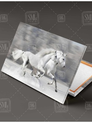 SML Tablo Karda Koşan Beyaz Atlar White Horses Asil Hayvan Yatay Kanvas Tablo