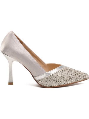 Ayakmod Gümüş Saten Tekstil Ince Topuklu Hafif Kadın Topuklu Ayakkabı 357192 Z