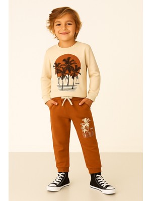 Buufuu Tropical  Baskılı Uzun Kollu Lastikli Bel Cepli  Unisex Çocuk Alt Üst Takım