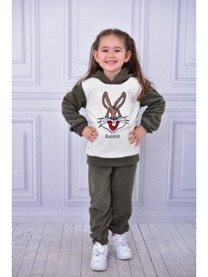 Buufuu Polar Tavşan Nakışlı Uzun Kol Kapşonlu Kışlık Alt Üst Çocuk Takım