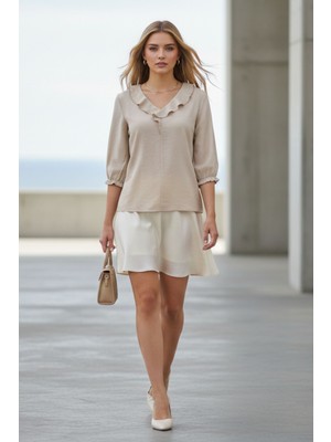 Lupinn Kadın Bej Fırfırlı Bluz V Yaka Uzun Kollu Yumuşak Dokulu Şık Bluz - Kadın Bluz