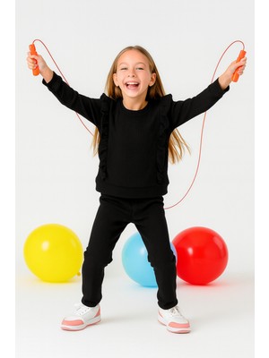 Buufuu Fırfırlı Pamuklu Uzun Kollu Alt Üst Ikili Kız Çocuk Takım