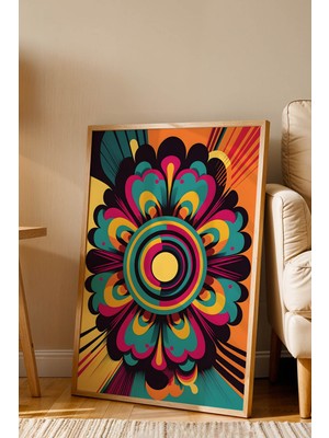 E2 Nova Retro Pop Mandala Premium Çerçeveli Tablo - Lüks Modern Renkli Geometrik Duvar Dekoru Sanat