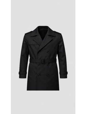 Baselco Erkek Premium Kuşaklı Siyah Trençkot Poliamid Uzun Kol Düz Desenli Konforlu Model