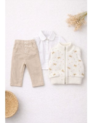 Bambino Fiyonk ve Taş Detaylı Triko Yelek Gömlek Pantolon 3’lü Takım