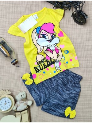 Buufuu Kısa Kollu Crazy Duck Baskılı Fiyonklu Şortlu Kız Çocuk Takım