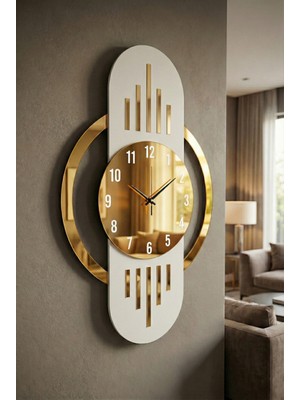 PremiumPort Beyaz Altın Renk Ahşap Duvar Saati, Büyük Boy, Yılbaşı Hediyesi