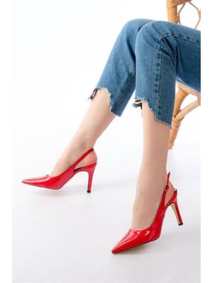 Sibel Gürel ST-1153 Kırmızı Rugan Günlük Arkası Açık 9 cm Topuklu Kadın Ayakkabı