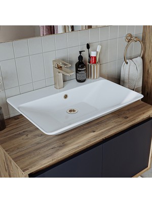Banos Banyo Banos Ahşap-Antrasit MDF 100 cm Lavabolu Banyo Dolabı Ayaksız Tasarım 2 Kapaklı
