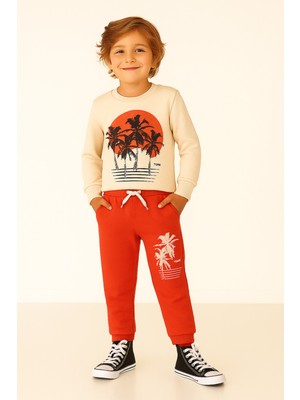 Buufuu Tropical  Baskılı Uzun Kollu Lastikli Bel Cepli  Unisex Çocuk Alt Üst Takım