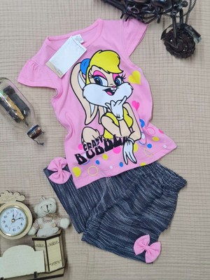 Buufuu Kısa Kollu Crazy Duck Baskılı Fiyonklu Şortlu Kız Çocuk Takım