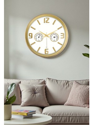 PremiumPort Dekoratif Gold Yuvarlak Nem Ölçer ve Termometreli Duvar Saati 38X38 cm