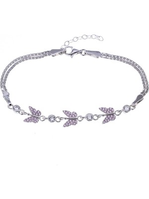 Nagiss 3'lü Kelebek Model Pembe Zirkon Taşlı 925 Ayar Gümüş Kadın Bileklik