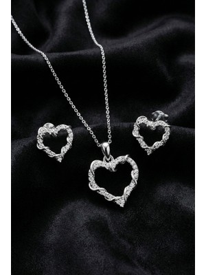 Roza Silver 925 Ayar Gümüş Rodyum Kaplama Zirkon Taşlı Sarmaşık Detaylı Kalp Kolye-Küpe 2'li Set